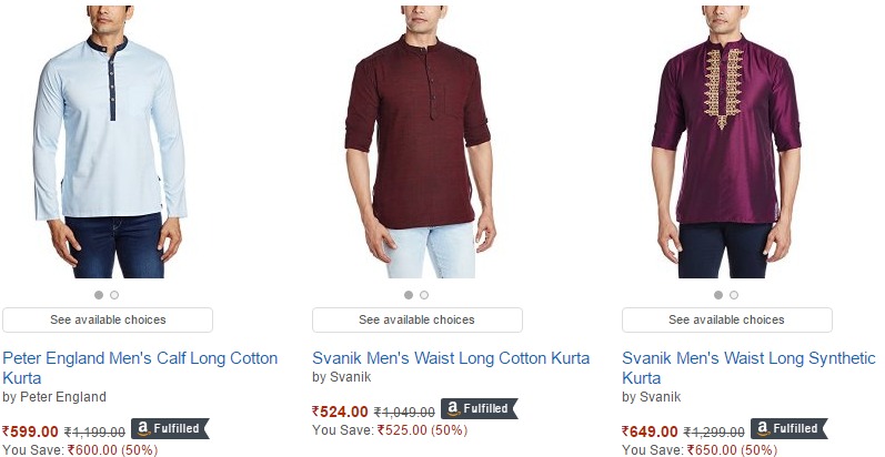 Flat 50% off on Men's Kurtas from Amazon India